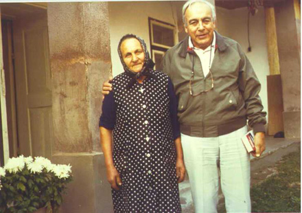 Mrs Margitko Demeter, widow of Ignac Demeter, is pictured in front of her home in Faj, Hungary with her nephew, Monsignor, John Wigh, who visited her from the US in Oct. 1989. Courtesy D. Gonthier  